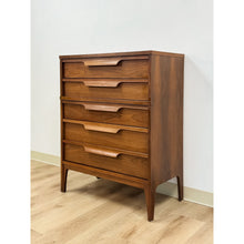 Load image into Gallery viewer, Vintage MCM Walnut Five Drawer Dresser Tallboy Sculpted Pulls, Dovetail Joinery