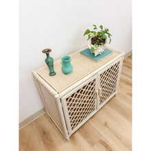 Load image into Gallery viewer, Vintage Cream Rattan Lattice Cabinet Coastal Tropical Hollywood Regency