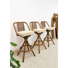 Load image into Gallery viewer, 3 Vintage Coastal Bamboo Barstools Dark Rattan w/ Beige Cushions and Caned Back
