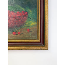Load image into Gallery viewer, Antique Oil Painting Still Life Bowl of Cherries, Gold Frame Art, Green Accents