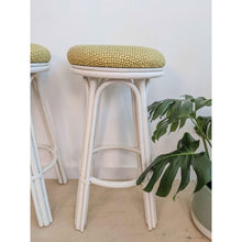 Load image into Gallery viewer, Pair of Vintage Creme Rattan Barstools Retro Upholstered Green Top Swivel Seats