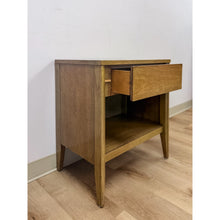 Load image into Gallery viewer, Mid Century Nightstand Single Drawer Open Cubby Gray Wood Tone Tapered Leg