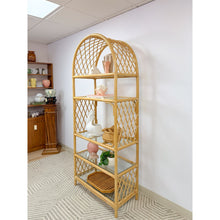 Load image into Gallery viewer, Vintage Arched Rattan Wicker Bamboo Shelf Hollywood Regency Coastal 5 shelves