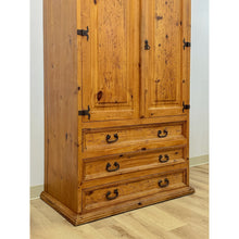 Load image into Gallery viewer, Vintage Armoire Knotty Pine Mexican Iron Hardware Coat Rack Three Drawer