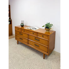 Load image into Gallery viewer, Heritage MCM Lowboy 7-Drawer Dresser Unique Brass Pulls Vintage Long Dresser