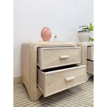 Load image into Gallery viewer, Pair of Vintage Pencil Reed Rattan Nightstand Coastal Hollywood Regency Tables