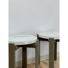 Load image into Gallery viewer, Vintage Round End Tables Beige Marble Top Gray Metal Base Pair Modern Accent