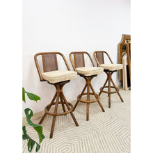 Load image into Gallery viewer, 3 Vintage Coastal Bamboo Barstools Dark Rattan w/ Beige Cushions and Caned Back