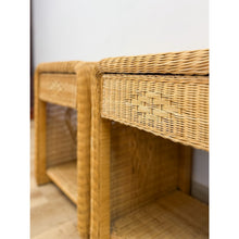 Load image into Gallery viewer, Pair of Vintage Wicker Arched Nightstands Coastal Regency Bedside Tables