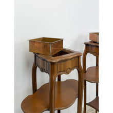 Load image into Gallery viewer, French Provincial Planter Box Stand Side Table Copper Tray Vintage Pair