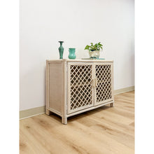 Load image into Gallery viewer, Vintage Cream Rattan Lattice Cabinet Coastal Tropical Hollywood Regency