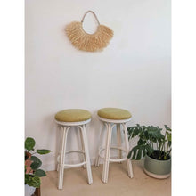 Load image into Gallery viewer, Pair of Vintage Creme Rattan Barstools Retro Upholstered Green Top Swivel Seats