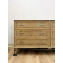 Load image into Gallery viewer, Vintage MCM Gray Washed Blonde Dresser Six Drawer With Metal Handles