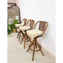 Load image into Gallery viewer, 3 Vintage Coastal Bamboo Barstools Dark Rattan w/ Beige Cushions and Caned Back