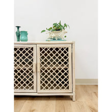 Load image into Gallery viewer, Vintage Cream Rattan Lattice Cabinet Coastal Tropical Hollywood Regency