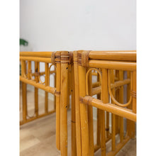 Load image into Gallery viewer, Vintage Rattan End Table Pair Arched Inlay Glass Top Coastal Boho MCM