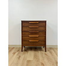 Load image into Gallery viewer, Vintage MCM Walnut Five Drawer Dresser Tallboy Sculpted Pulls, Dovetail Joinery