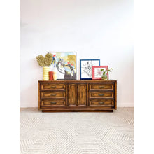 Load image into Gallery viewer, Vintage MCM 9 Drawer Lowboy Dresser Brown with Metal Pulls Coastal Mid Century