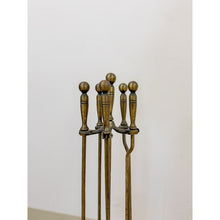 Load image into Gallery viewer, Vintage Brass Fireplace Tool Set 4 Piece Stand Broom Poker Tong Rustic Farmhouse