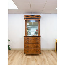 Load image into Gallery viewer, Vintage Faux Burlwood Traditional Entry Console Mirror 4-Drawer Brass Cabinet