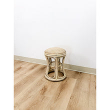 Load image into Gallery viewer, Vintage Lightwash Rattan Stool Woven Wicker Seat Coastal Hollywood Regency