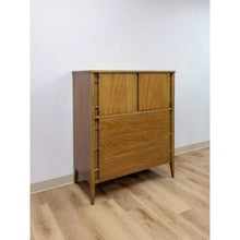 Load image into Gallery viewer, Mid Century Tallboy Dresser MCM Five Drawer Brass Accent Warm Gray Tone Wood