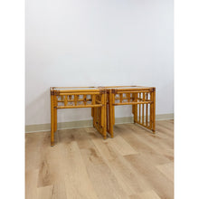 Load image into Gallery viewer, Vintage Rattan End Table Pair Arched Inlay Glass Top Coastal Boho MCM