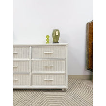 Load image into Gallery viewer, Vintage White Wicker 9 Drawer Dresser with Glass Top Coastal Bedroom Storage