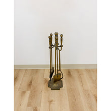 Load image into Gallery viewer, Vintage Brass Fireplace Tool Set 4 Piece Stand Broom Poker Tong Rustic Farmhouse