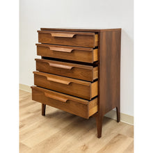 Load image into Gallery viewer, Vintage MCM Walnut Five Drawer Dresser Tallboy Sculpted Pulls, Dovetail Joinery