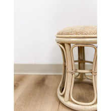 Load image into Gallery viewer, Vintage Lightwash Rattan Stool Woven Wicker Seat Coastal Hollywood Regency