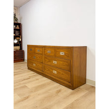 Load image into Gallery viewer, Vintage MCM Dixie Act 2 Campaign Style Dresser Brass Pulls Warm Wood Tone Lowboy