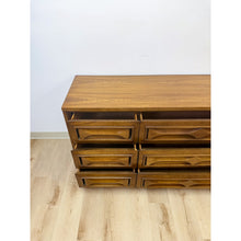 Load image into Gallery viewer, Vintage MCM Nine Drawer Dresser with Bowtie Inlay Retro Walnut Bedroom Storage