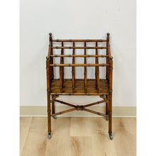 Load image into Gallery viewer, Vintage Magazine Rack English Canterbury Dark Faux Bamboo Wheels Rare Find