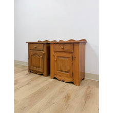 Load image into Gallery viewer, Pair of Rustic Pine Nightstands Drawer Arched Cabinet Door Scalloped European