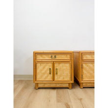 Load image into Gallery viewer, Coastal Bamboo Parquet Nightstand Pair Glass Top Hollywood Regency MCM