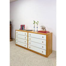 Load image into Gallery viewer, Dixie MCM 8-Drawer Natural Wood Dresser White Fronts Vintage 64" Wide