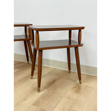 Load image into Gallery viewer, Vintage End Tables MCM Atomic Two-Tier Wood Laminate Pair Retro Accent