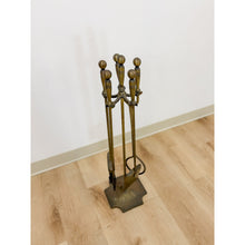 Load image into Gallery viewer, Vintage Brass Fireplace Tool Set 4 Piece Stand Broom Poker Tong Rustic Farmhouse