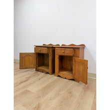 Load image into Gallery viewer, Pair of Rustic Pine Nightstands Drawer Arched Cabinet Door Scalloped European
