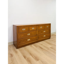 Load image into Gallery viewer, Vintage MCM Dixie Act 2 Campaign Style Dresser Brass Pulls Warm Wood Tone Lowboy