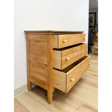 Load image into Gallery viewer, Primitive Scrubbed Pine Three Drawer Dresser Dovetail Porcelain Knobs Vintage
