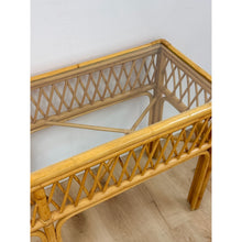 Load image into Gallery viewer, Vintage Coastal Wicker Rattan Console Table Woven Lattice Glass Top Beige Boho