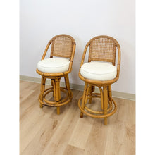 Load image into Gallery viewer, Vintage Coastal Hollywood Regency Caned Rattan Swivel Barstools Counter Height