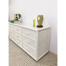 Load image into Gallery viewer, Vintage White Wicker 9 Drawer Dresser with Glass Top Coastal Bedroom Storage