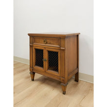 Load image into Gallery viewer, MCM Transitional Nightstand with Iron Grate Doors Single Drawer Vintage Ornate