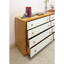 Load image into Gallery viewer, Dixie MCM 8-Drawer Natural Wood Dresser White Fronts Vintage 64" Wide