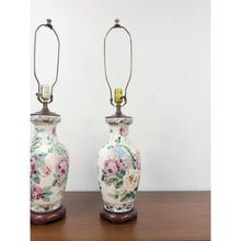 Load image into Gallery viewer, Floral Chinoiserie Lamps Pair Vintage Off White Pink Accent Asian Table Lamp