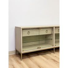 Load image into Gallery viewer, Modern American Drew Corsica Painted Gray Console Credenza Glass Doors Coastal