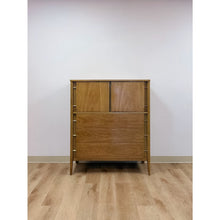 Load image into Gallery viewer, Mid Century Tallboy Dresser MCM Five Drawer Brass Accent Warm Gray Tone Wood